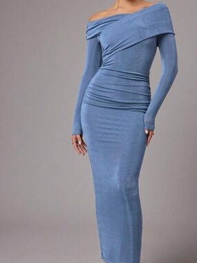 Light Blue Off-Shoulder Ruched Midi Dress